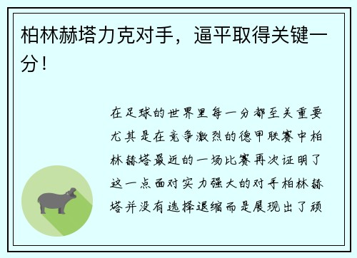 柏林赫塔力克对手，逼平取得关键一分！