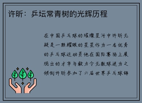 许昕：乒坛常青树的光辉历程